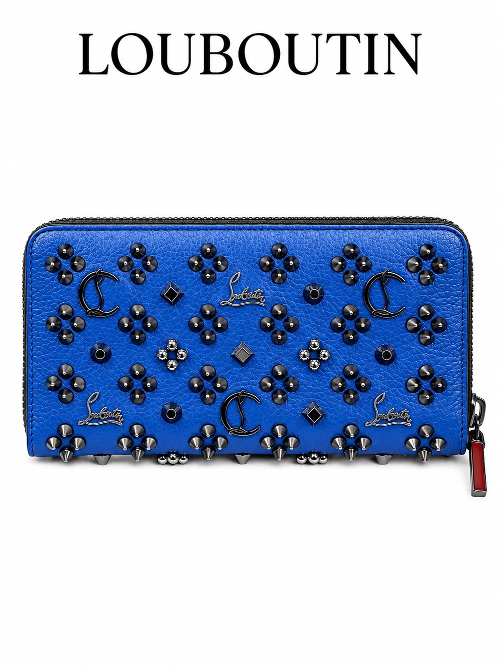 Christian Louboutin Panettone Zip Around Wallet Blue Leather Studded Logo Spiked